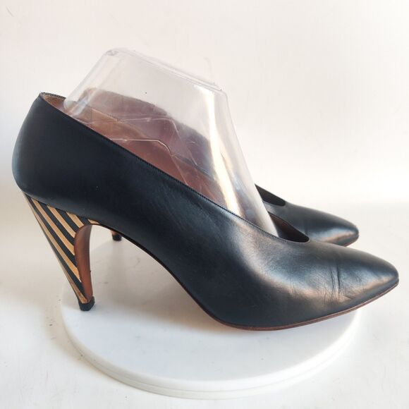 Petra Firenze Heels 9.5 Italian Leather Sole Pumps Navy Blue Pointy Toe Striped - Picture 1 of 13